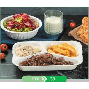 Lunch Press Tray Rectangular No.30 Three Compartment + Paper Lid (Χάρτινο Παραλληλόγραμμο Σκεύος + Χάρτινο Καπάκι Σφράγισης)