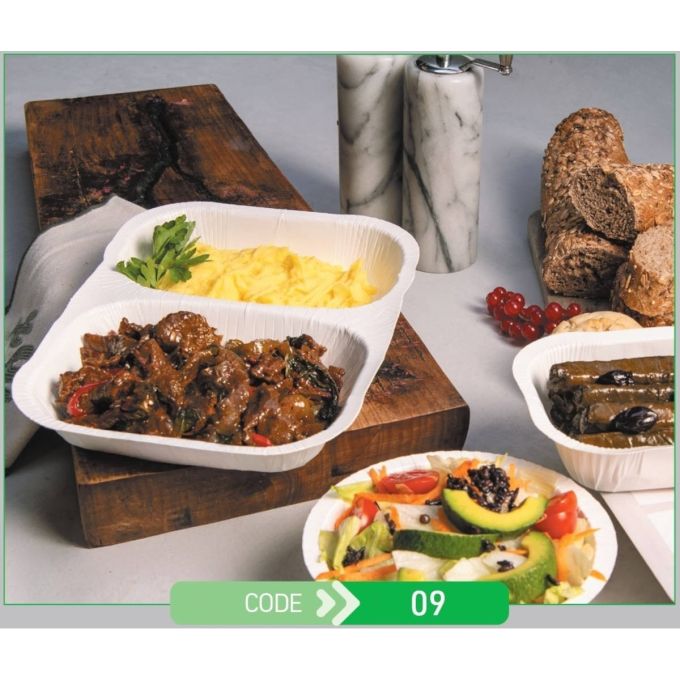 Lunch Press Tray Rectangular No.09 Double Compartment + Paper Lid (Χάρτινο Παραλληλόγραμμο Σκεύος Φαγητού + Χάρτινο Καπάκι Σφράγισης)